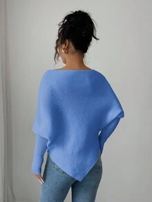Elenzga Women's Asymmetrical Batwing Sleeve Crew Neck Casual Elegant Knit Sweater Top, Versatile For Vacation & Holidays, Spring/Autumn/Winter - Baby Blue - View 2