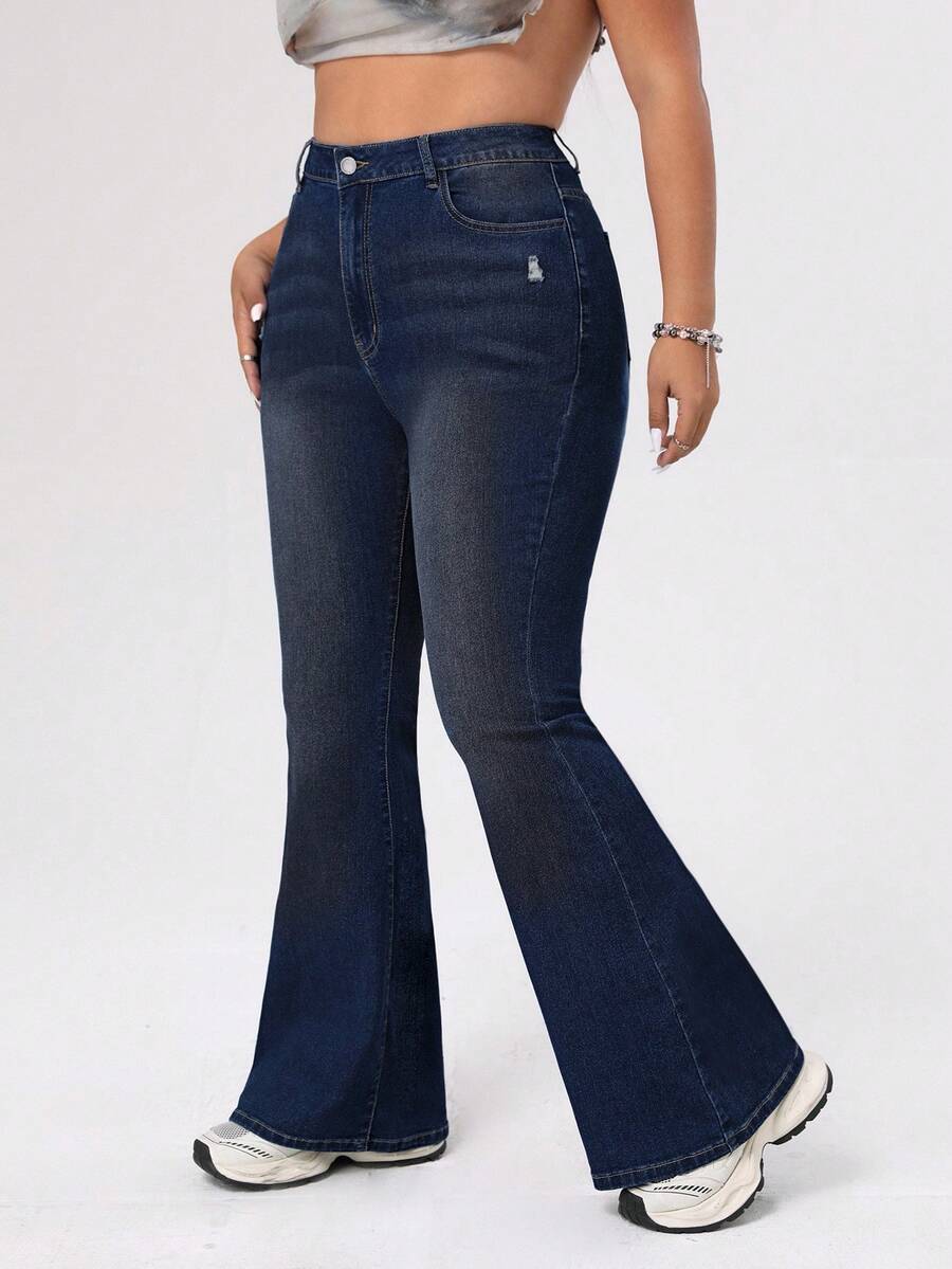 SHEIN EZwear Plus Size Distressed Slim Fit Flare Leg Jeans - Blue - View 1