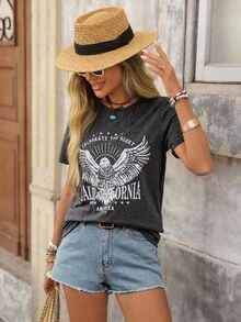 Brillora Áo thun nữ cotton dáng rộng, cổ tròn, tay ngắn, họa tiết đại bàng đơn giản, kiểu phương Tây, thích hợp mặc mùa hè. - Màu xám đen - Xem 5