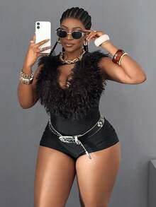 Maweii Mono corto sin mangas con tirantes de espagueti y espalda descubierta de piel sintética esponjosa negra para mujer de talla grande, ropa sexy para fiesta y club