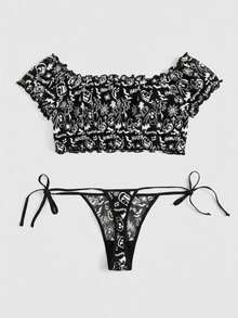 ROMWE Goth 哥特式深色万圣节网眼蝙蝠与幽灵印花露肩系带开裆内衣套装