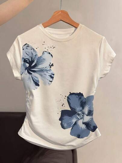 INAWLY 女士腰部褶皱蓝色花卉图案印花圆领T恤，时尚百搭打底T恤，夏季