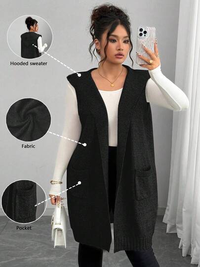 Elenzga 大码女式法式针织中长款无袖连帽开衫毛衣背心，宽松休闲百搭通勤