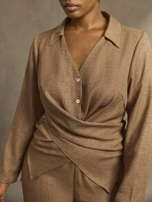 EMERY ROSE Plus-Size Women's Woven Regular Autumn/Winter Comfortable Casual Commuting Hem Cross-Tie Long-Sleeve Shirt Wide-Leg Pants Brown Two-Piece Set - Brown - View 7