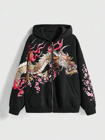 Grunge Punk Sudadera con capucha de forro polar de corte holgado con cremallera, estilo chino con bordado de dragón y flor de durazno, unisex