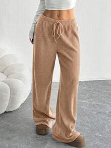 SHEIN EZwear Stylish Women's Camel Plain Knitted Wide Leg Long Pants With Pockets For Everyday Wear Comfy Pants Knit Pants Women Wide Leg Pants