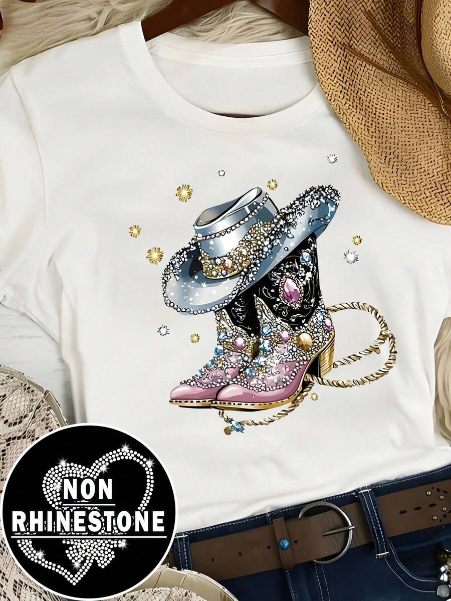 SHEIN LUNE Summer Women's Round-Neck T-Shirt With Western-Style Shoe Prints - White - View 1