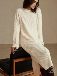 Aveloria Vestido de suéter de cuello redondo de punto suelto de manga larga, estilo de viaje - Blanco - Ver 1