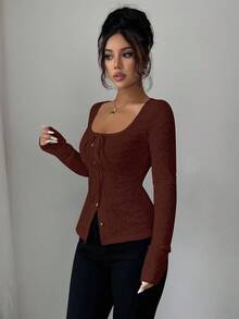 SHEIN LUNE 女士休闲纯色修身长袖系带T恤 - 棕色 - 查看 5