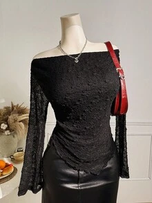 SHEIN EZwear 加大码纯色蕾丝网眼露肩不对称下摆长袖休闲T恤 - 黑色 - 查看 3