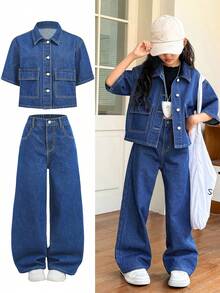 SHEIN Bộ đồ hai mảnh thời trang Y2k cổ điển mát mẻ dành cho bé gái tuổi teen, áo sơ mi denim xanh đậm rộng rãi có thiết kế túi và cạp chun bán co giãn, quần jean rộng rãi và thoải mái cho bé gái tuổi teen, quần áo mặc hàng ngày mềm mại cho bé gái tuổi teen, trang phục rave mùa hè và mùa thu cho bé gái tuổi teen, trang phục lễ hội và bãi biển, trang phục dạo phố, quần áo đi học - Rửa trung bình - Xem 5