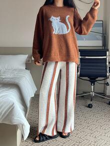 DAZY 2pcs Women Cat & Striped Pattern Loose Long Sleeve Knit Pajama Set, Autumn/Winter, Fall Clothes - Brown - View 6
