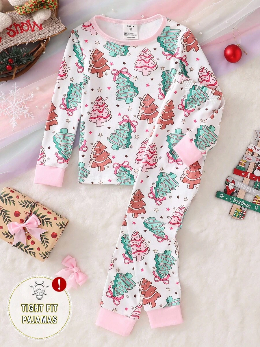 Genkimix Kids 2 件套女童圣诞树印花长袖舒适睡衣,简约时尚,粉色底色 - 粉色 - 查看 1