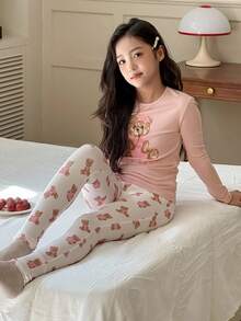 DAZY 2pcs Tween Girl Tween Girls Crew Neck Knit Printed T-Shirt + Pants Homewear Set, Fall - Pink - View 6