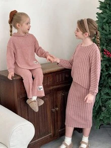 LMoss Kids LMoss 女童休闲针织毛绒罗纹圆领宽松上衣和修身半裙两件套，少女针织套装，舒适秋冬款式，粉色 - 粉色 - 查看 6