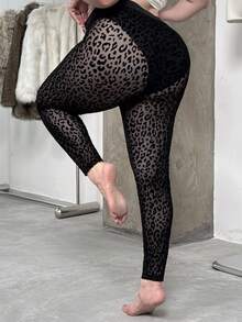 GalTyme Plus Size Women Sexy Black Leopard Print Mesh See-Through Tights Autumn/Winter, Fall Tights For Women, Elegant Black Commute Appointment Date Keep Warm Tights, Party, Going Out, Wedding Guest, Chic Christmas Tights
