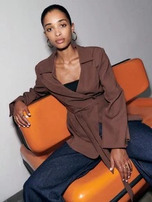 Nöista Elegant And Versatile, This Brown Jacket Features A Wrap Design With A Self-Tie Belt That Flatters The Waist. The Tailored Fit And Lapel Collar Give It A Polished Look, Perfect For Work Or Evening Wear. A Chic Brown Blazer For Women That Adds Sophistication To Any Outfit.