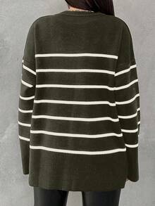 EURMUSE Women Striped Crew Neck Drop Shoulder Long Sleeve Casual Loose Knitted Sweater,Jumper,Cream Jumper,Jumpers,Black Jumper,Womens Jumper,White Jumper,Women's Jumper,Women's Jumpers,Winter Clothes - Army Green - View 2