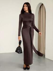 SHEIN Tall Women's Solid Color Stand Collar Long Sleeve Tie Design Fitted Elegant Brown Dress - Coffee Brown - View 5