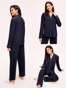 LUVLETTE 秋冬季黄色柔软100%纯棉撞色滚边基本款纽扣上衣和裤子家居服睡衣套装，裤子带口袋，女士秋季家居服套装