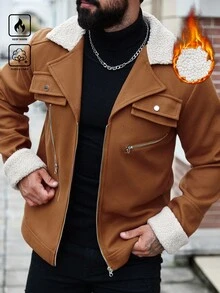Manfinity Homme 男士休闲撞色拼布夹克，秋冬男士棕色夹克 - 棕色 - 查看 1