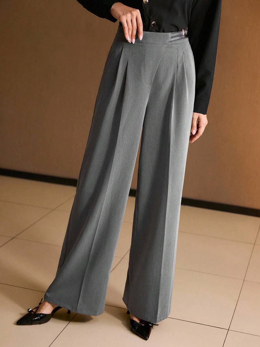MOTF PREMIUM 女士秋季修身阔腿西装裤斜翻领休闲西装裤 - 灰色 - 查看 2