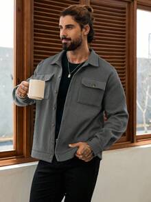 Manfinity Homme 男士长袖短款休闲针织灰色大衣，秋冬外套，Old Money品牌 - 灰色 - 查看 5