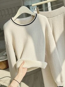 Franclia Set de 2 piezas: Sudadera casual de felpa de cuello redondo y ajuste holgado de unicolor y pantalones de cintura elástica