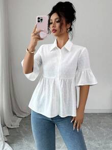 Elenzga Blusa casual de mujer de unicolor con mangas acampanadas y bajo con volantes para el verano - Blanco - Ver 7