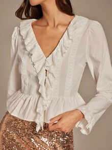 Enchnt 女士优雅通勤纯色荷叶边衬衫 - 白色 - 查看 6