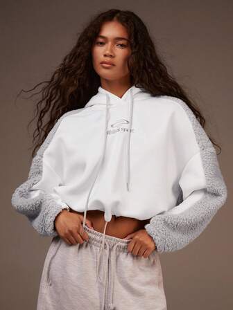 Athîral Women's Grey Fleece Hoodie With White Knit Panels | Embroidered Lettering, Cropped Oversized Fit & Adjustable Drawstring Hem For High-Street Comfort (Campus/Commute/Streetwear)Fleece Hoodie,Knit Panels,Embroidered Hoodie,High Street Fashion,Oversized Fit,Cropped Hoodie,Streetwear Essentials,Comfort Wear,Campus Style,Athleisure ,Drawstring Hem,Hooded Casual Sweatshirt, Autumn/Winter