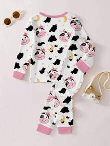 Genkimix Kids 2pcs Snug Fit Pajama Set For Young Girls, Cute Cow Print Contrast Color Round Neck, Cuffs & Hem, Long Sleeve Top And Pants, Suitable For All Seasons Fall Winter
