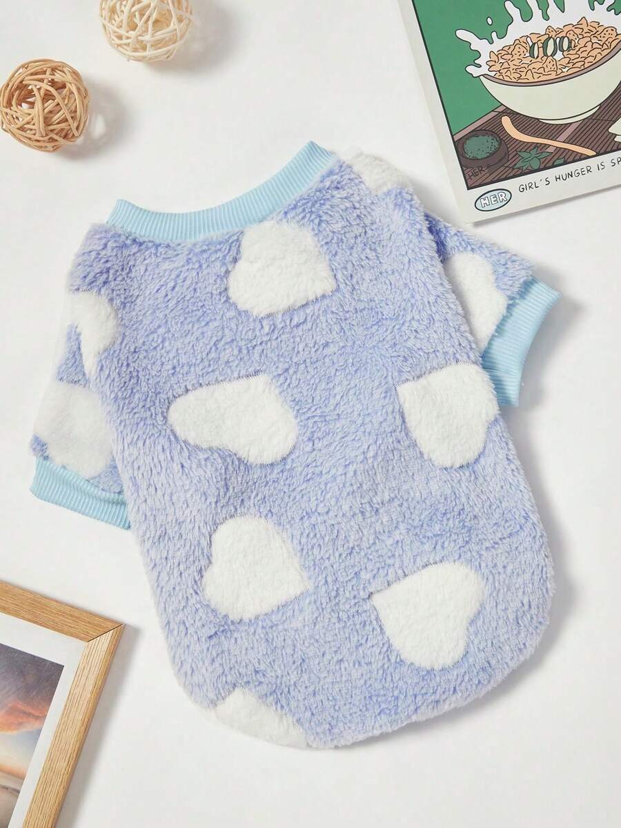 PETSIN 1 Pc Pet Dog Blue Heart Print Plush Thick Warm Crew Neck Sweatshirt For Autumn/Winter - Multicolor - View 1