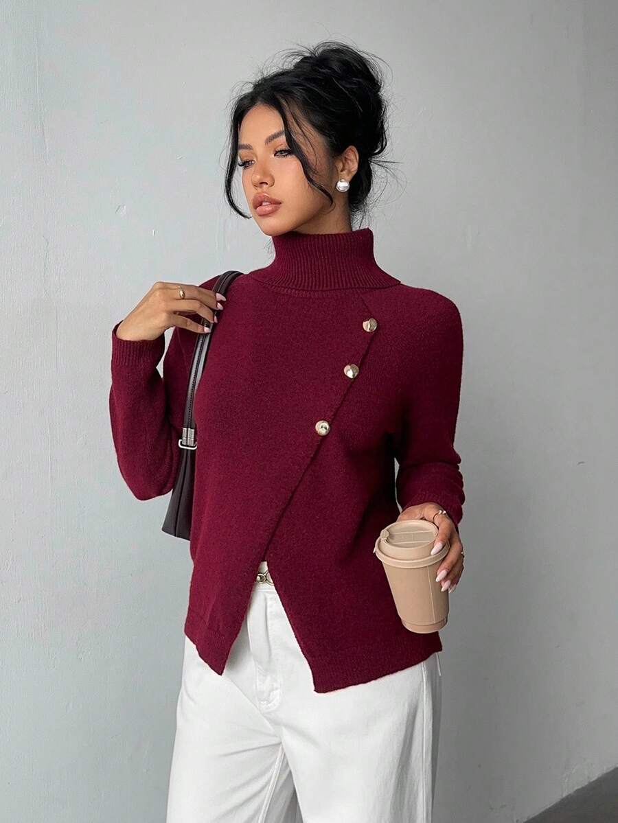 SHEIN Elenzya Women's Elegant High Neck Knit Pullover With Metal Button Decor, Solid Color Long Sleeve Christmas Red Sweater, Autumn/Winter - Burgundy - View 1