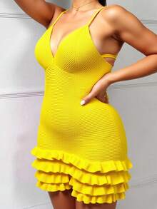 SHEIN SXY Plus Size Women's Elegant Yellow Crochet Spaghetti Strap Knitted Multilayered Ruffled Hem Mini Sweater Dress,Autumn 70's Night Party Summer Vacation - Yellow - View 1