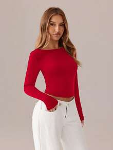 SHEIN SXY Áo đen; Áo thun nữ hở lưng buộc dây gợi cảm tương phản; Áo thun nữ cổ tròn tay dài màu đen trơn dáng ôm, thích hợp cho hẹn hò, trẻ trung và gợi cảm, đi chơi hàng ngày, trang phục mùa thu, trang phục hẹn hò du lịch hàng ngày; trang phục công sở đi chơi hàng ngày - Đỏ - Xem 5