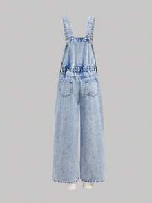 SHEIN Tween Girls Y2K 浅色水洗高腰心形刺绣口袋可爱阔腿牛仔裤休闲宽松牛仔裤牛仔背带裤无上衣，女童秋冬返校返校节牛仔裤，女童裤子街头服饰复古服装，舒适百搭，适合 8-12 岁女孩，适合上学、居家和旅行，刺绣牛仔连体裤 - 淺色水洗藍 - 查看 2