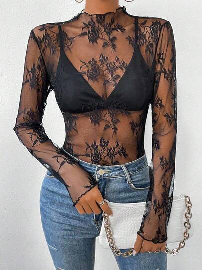 Elenzga Top de moda sexy transparente con cuello de encaje floral y manga larga para mujer