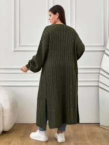 EURMUSE Plus Size Casual Solid Color Long Cardigan, Autumn/Winter - Army Green - View 2