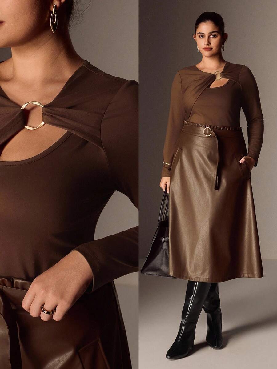 Juhart Elenzga Damen Langarm T-Shirt in Unifarbe mit Ringdesign in Große Größen