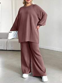 EURMUSE Ensemble casual femme grande taille, pull raglan couleur unie et pantalon tricoté - Vieux Rose - Voir 6