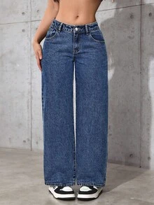 SHEIN PETITE Pantalones vaqueros casuales y versátiles de pierna ancha y bolsillos para mujer - Azul lavado oscuro - Ver 1