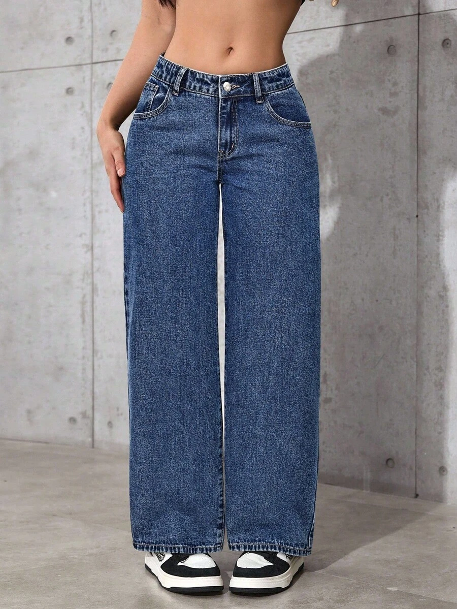 SHEIN PETITE Pantalones vaqueros casuales y versátiles de pierna ancha y bolsillos para mujer - Azul lavado oscuro - Ver 1