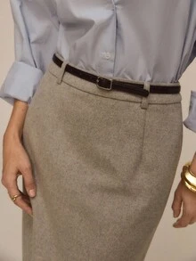 ATUI Studio 女式简约高腰直筒长裙，通勤时尚半身裙，腰带设计，修饰腿型，秋冬时尚单品 - 淺灰色 - 查看 5