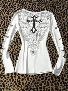 INAWLY Vintage Style Cross Print Long Sleeve T-Shirt Fall Cloth For Women - White - View 2