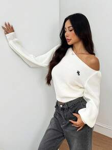 SHEIN PETITE Suéter de mujer con hombros en diagonal y costillas, manga larga, suéter con hombros descubiertos - Beis - Ver 6