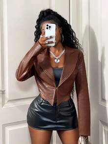 BamGleam Women's Solid Color Long Sleeve Fashionable Short PU Embossed Party Jacket - Brown - View 6