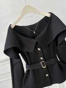 GlowEve Metal Buckle Decor Asymmetrical Collar Long Sleeve Waist Cinched Elegant Women Jacket - Black - View 4