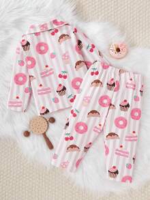 2pcs Baby Girls Soft & Comfortable Flame Retardant Sleepwear Set, Sweet Donut, Cake, Croissant, Cherry All-Over Print, Casual Loose Fit Cardigan & Pants, Autumn/Winter - Pink - View 2
