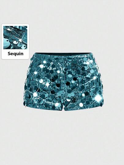 ROMWE Grunge Punk Shorts mini con lentejuelas brillantes de talle súper bajo sexy para mujer, adecuados para verano, playa, graduación, Pascua, concierto, vacaciones en Nashville, baile de graduación, estilo punk callejero, festival de música